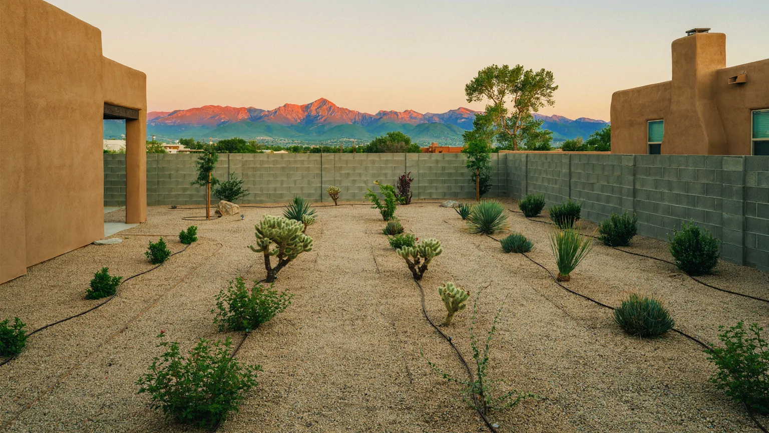 An Albuquerque backyard at dusk: crusher-fine gravel paths between desert plantings on drip, a concrete block wall, and the Sandia mountains glowing watermelon pink behind