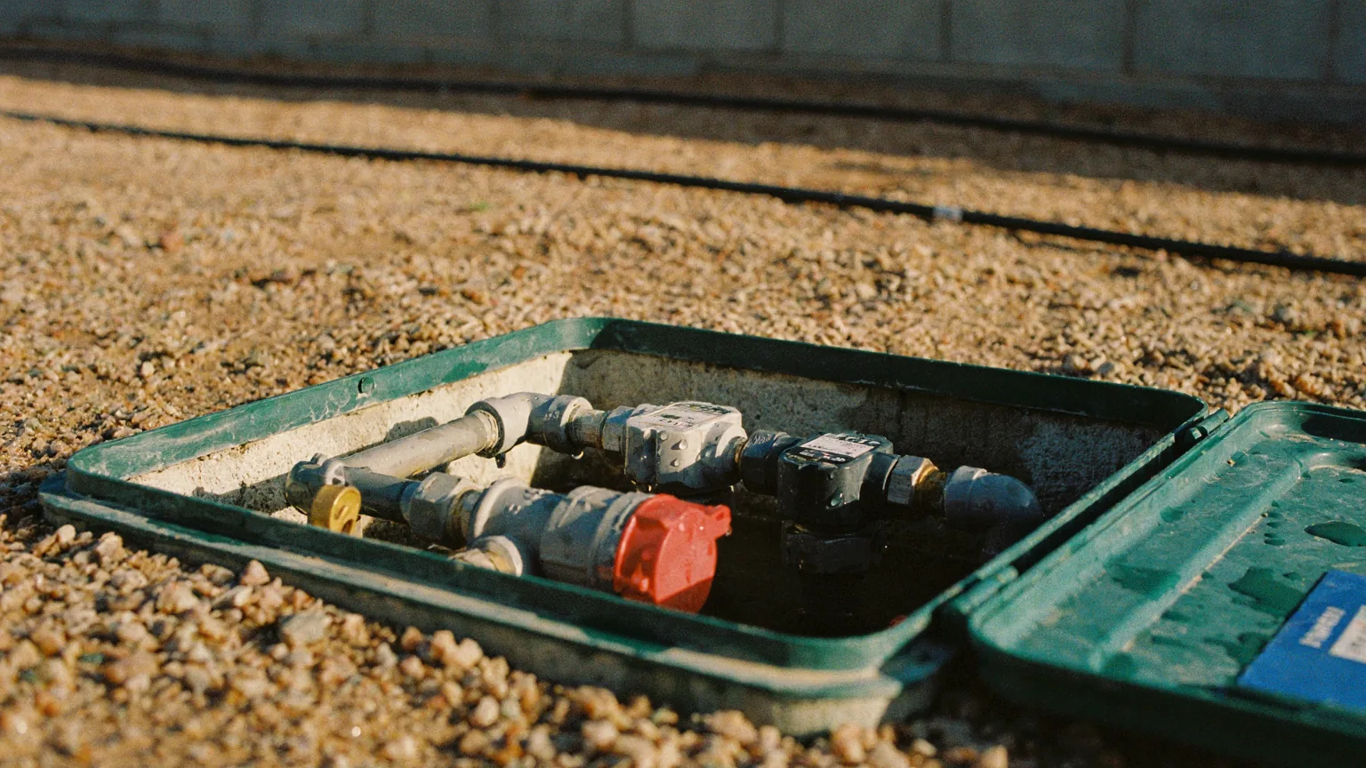 An open irrigation valve box in gravel, water beaded on the manifold in morning light